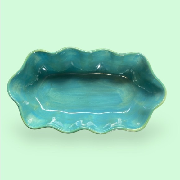 Gail Pittman Provence Ruffled Serving Bowl Blue and Green Stripes 11 x 6 - Picture 3 of 4